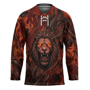 Maahes Hockey Jersey Ancient Egyptian Fiery Red Flame - Roaring Lion Head - African Pride