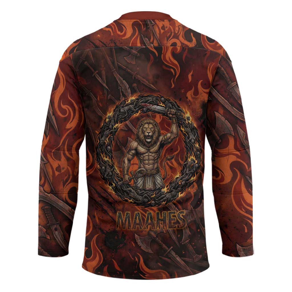 Maahes Hockey Jersey Ancient Egyptian Fiery Red Flame - Roaring Lion Head - African Pride