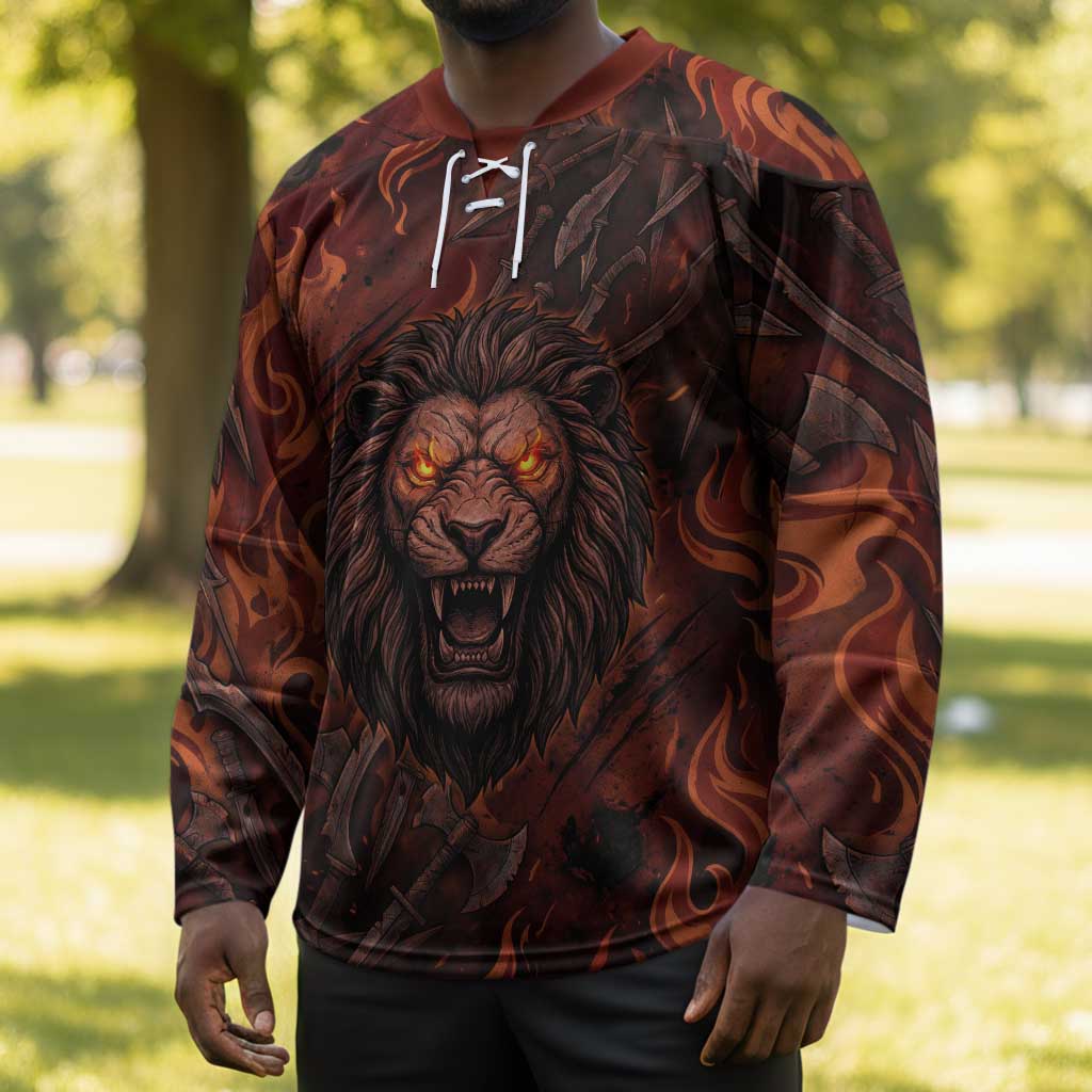 Maahes Hockey Jersey Ancient Egyptian Fiery Red Flame - Roaring Lion Head - African Pride