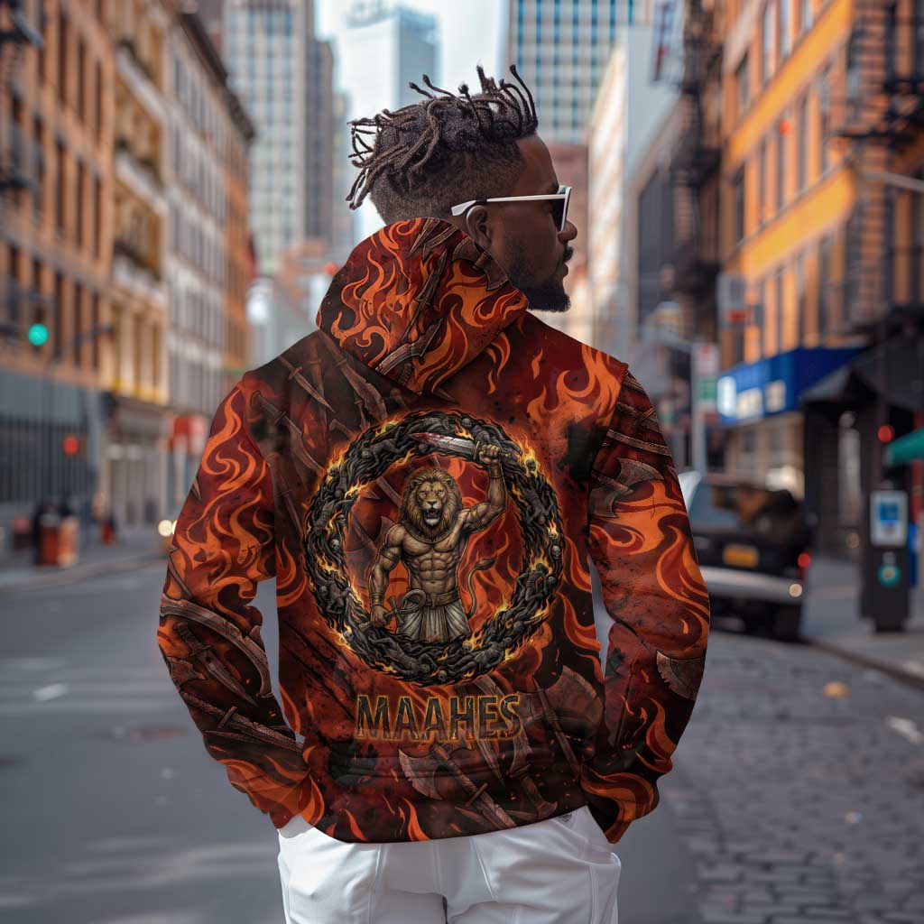 Maahes Hoodie Ancient Egyptian Fiery Red Flame - Roaring Lion Head - African Pride