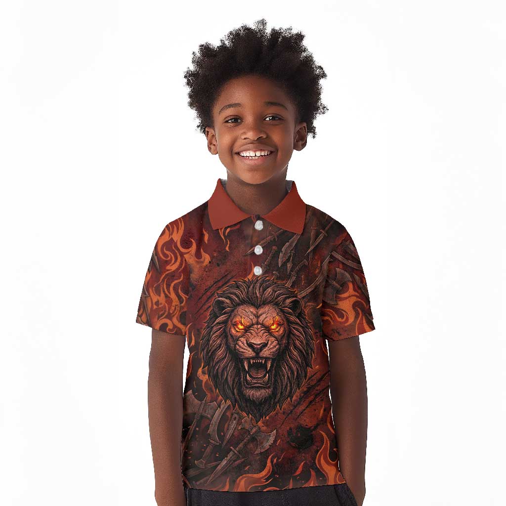 Maahes Kid Polo Shirt Ancient Egyptian Fiery Red Flame - Roaring Lion Head - African Pride