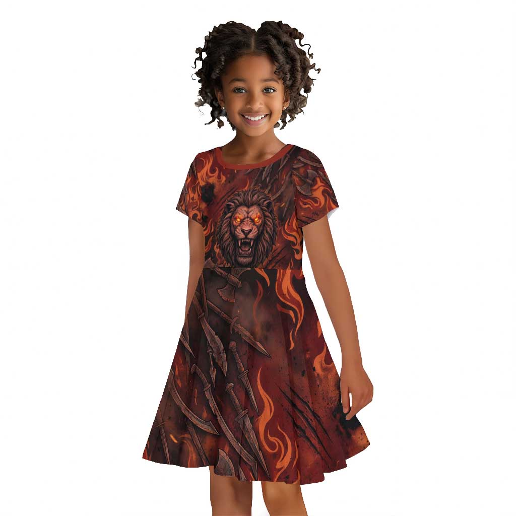 Maahes Kid Short Sleeve Dress Ancient Egyptian Fiery Red Flame - Roaring Lion Head - African Pride