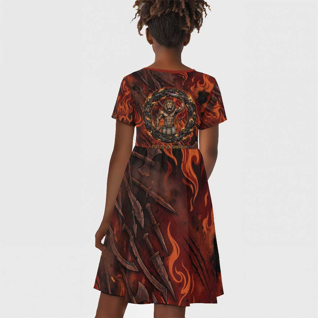 Maahes Kid Short Sleeve Dress Ancient Egyptian Fiery Red Flame - Roaring Lion Head - African Pride