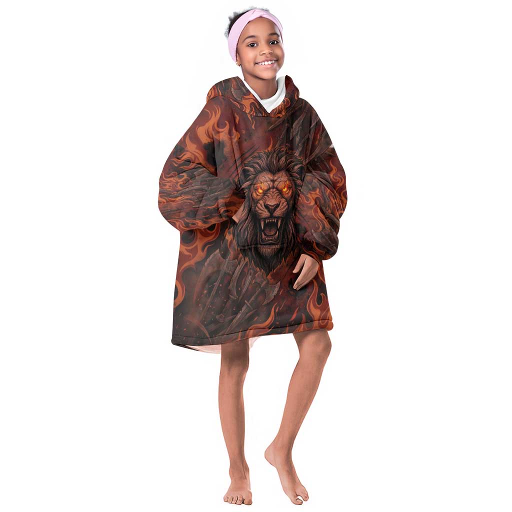 Maahes Kid Wearable Blanket Hoodie Ancient Egyptian Fiery Red Flame - Roaring Lion Head - African Pride