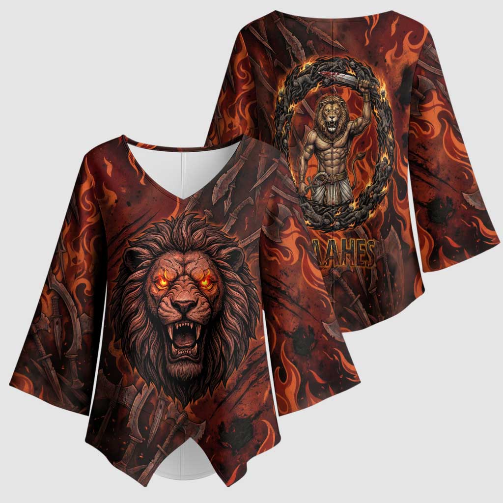Maahes Kimono Sleeve Blouse Ancient Egyptian Fiery Red Flame - Roaring Lion Head - African Pride