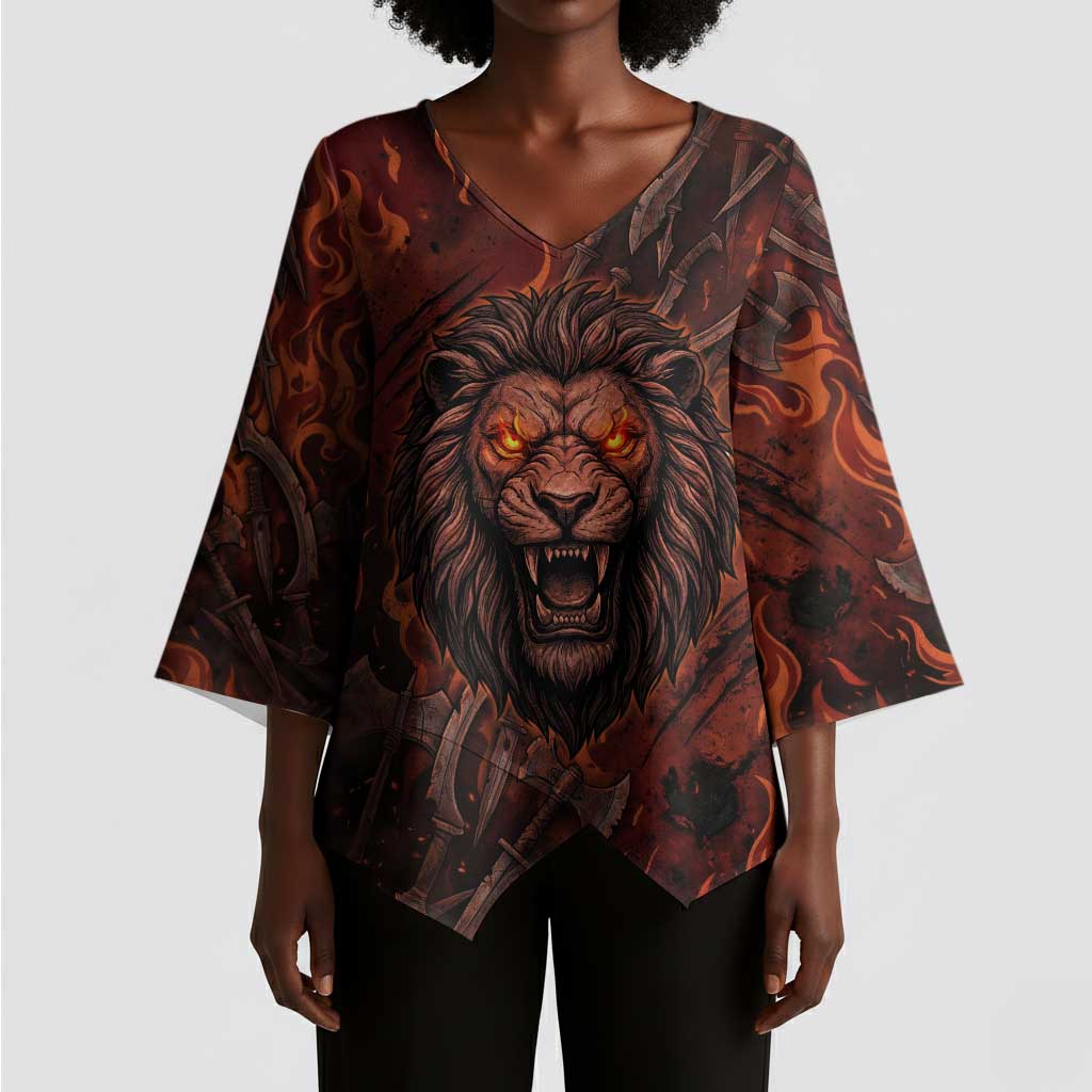 Maahes Kimono Sleeve Blouse Ancient Egyptian Fiery Red Flame - Roaring Lion Head - African Pride