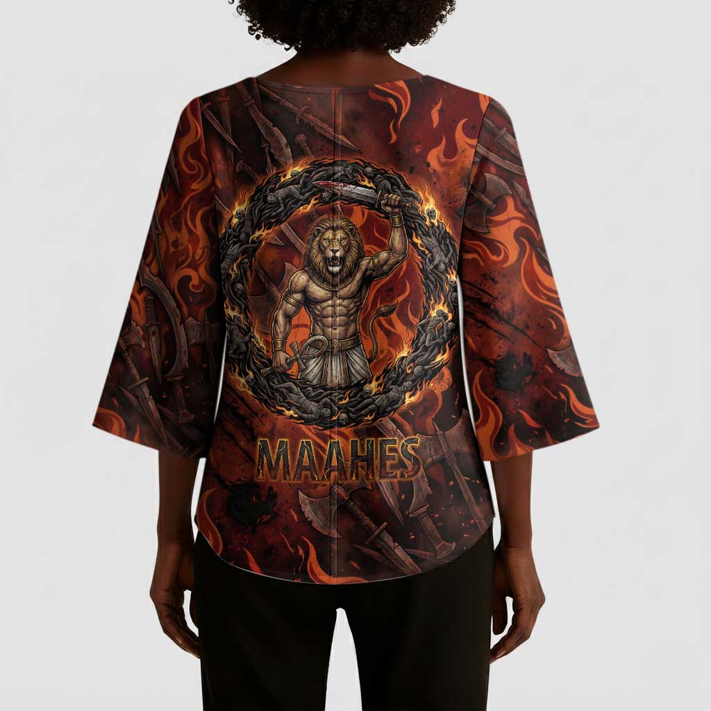 Maahes Kimono Sleeve Blouse Ancient Egyptian Fiery Red Flame - Roaring Lion Head - African Pride