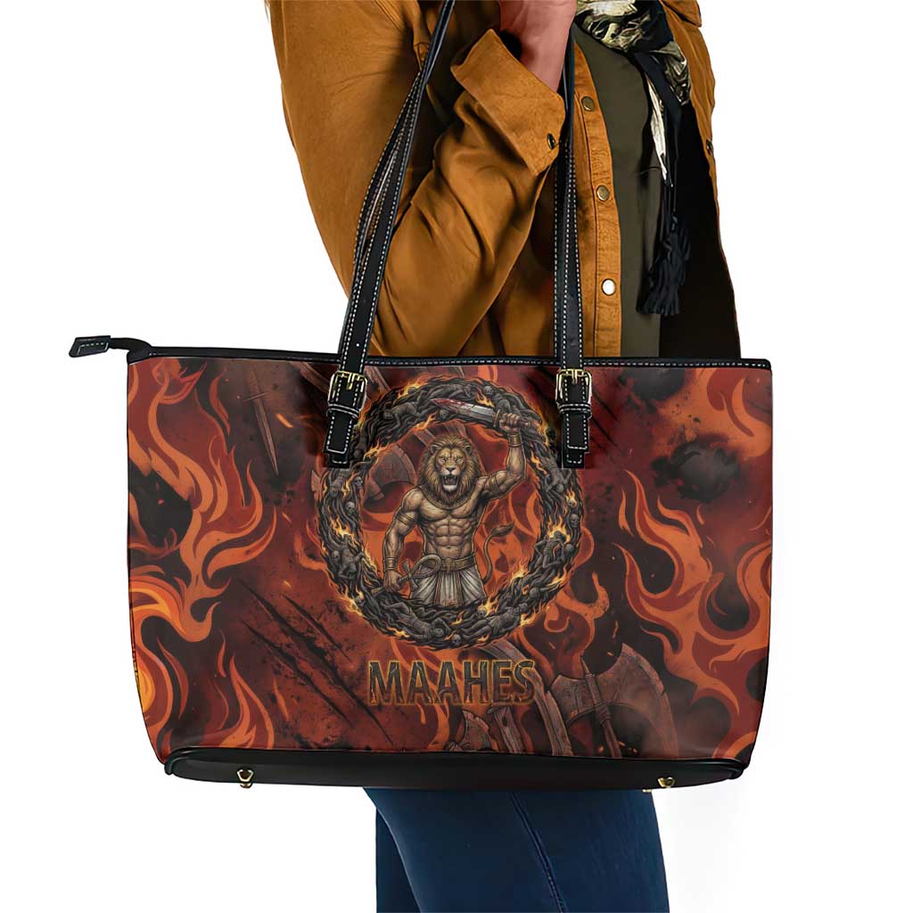 Maahes Leather Tote Bag Ancient Egyptian Fiery Red Flame - Roaring Lion Head - African Pride