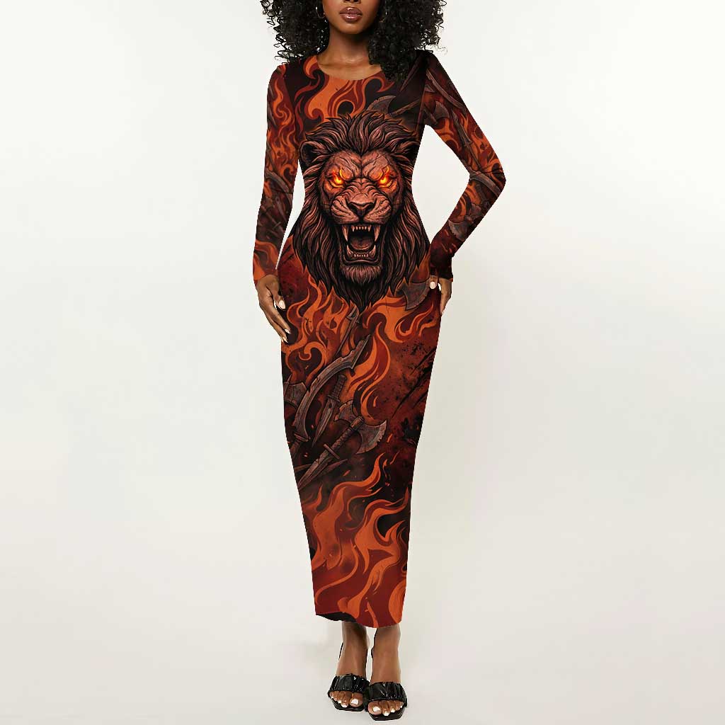 Maahes Long Sleeve Bodycon Dress Ancient Egyptian Fiery Red Flame - Roaring Lion Head - African Pride