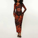 Maahes Long Sleeve Bodycon Dress Ancient Egyptian Fiery Red Flame - Roaring Lion Head - African Pride