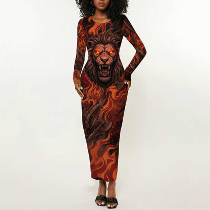 Maahes Long Sleeve Bodycon Dress Ancient Egyptian Fiery Red Flame - Roaring Lion Head - African Pride