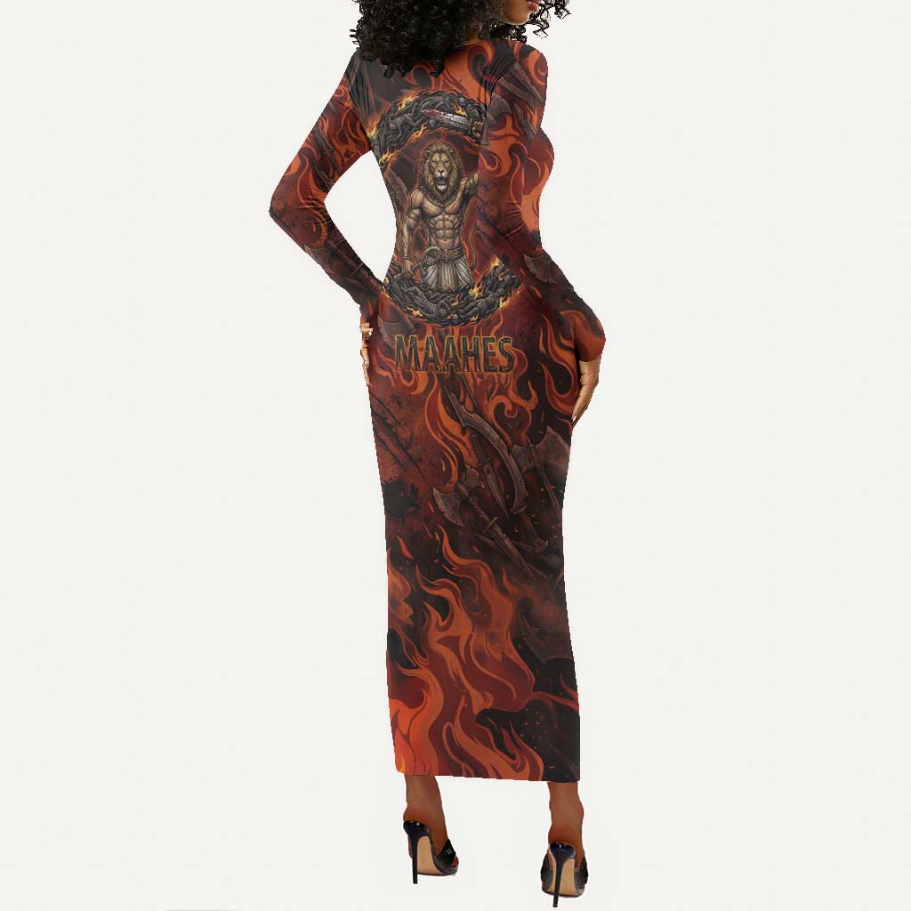 Maahes Long Sleeve Bodycon Dress Ancient Egyptian Fiery Red Flame - Roaring Lion Head - African Pride