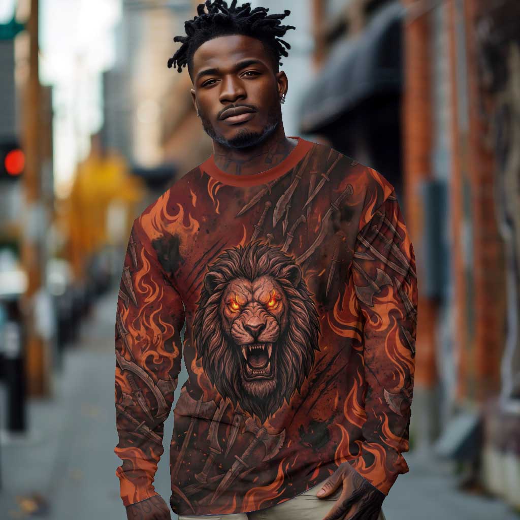 Maahes Long Sleeve Shirt Ancient Egyptian Fiery Red Flame - Roaring Lion Head - African Pride
