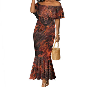 Maahes Mermaid Dress Ancient Egyptian Fiery Red Flame - Roaring Lion Head - African Pride