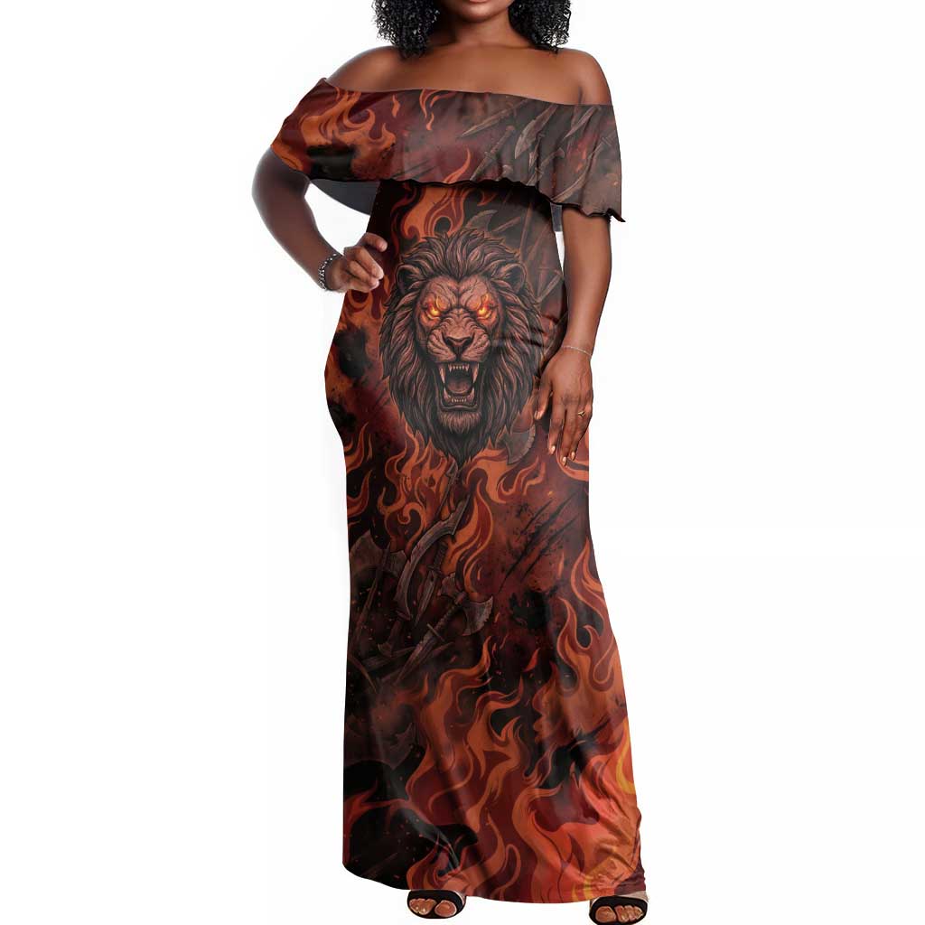 Maahes Off Shoulder Maxi Dress Ancient Egyptian Fiery Red Flame - Roaring Lion Head - African Pride