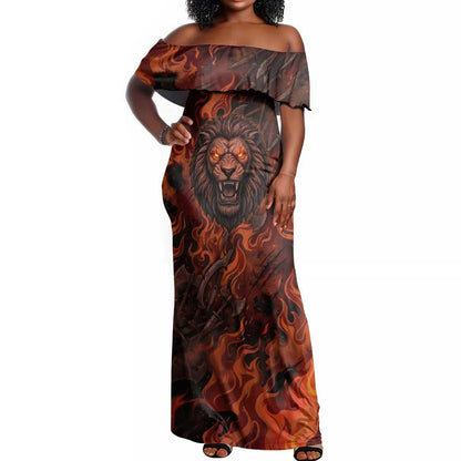 Maahes Off Shoulder Maxi Dress Ancient Egyptian Fiery Red Flame - Roaring Lion Head - African Pride