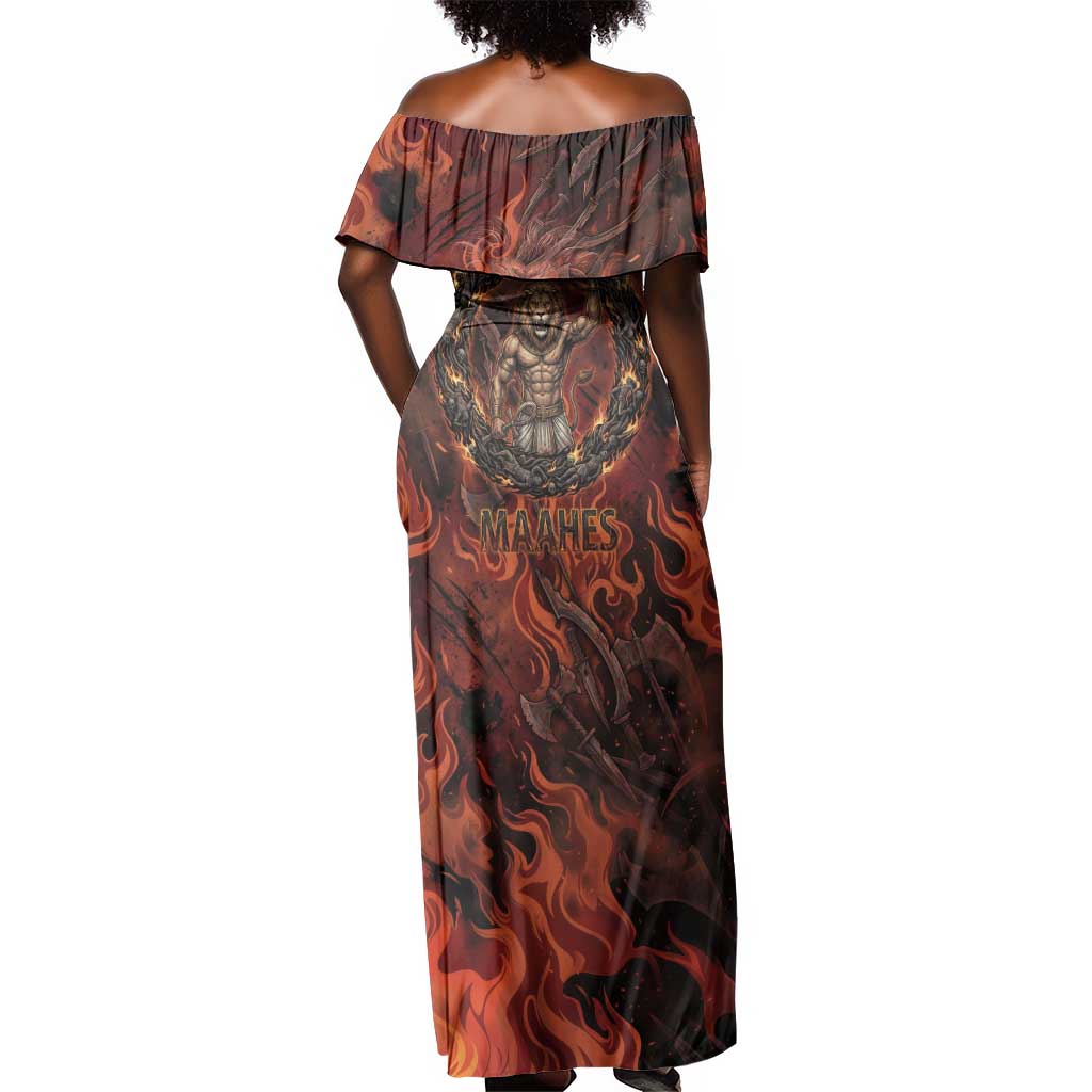 Maahes Off Shoulder Maxi Dress Ancient Egyptian Fiery Red Flame - Roaring Lion Head - African Pride