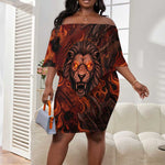 Maahes Off Shoulder Short Dress Ancient Egyptian Fiery Red Flame - Roaring Lion Head - African Pride