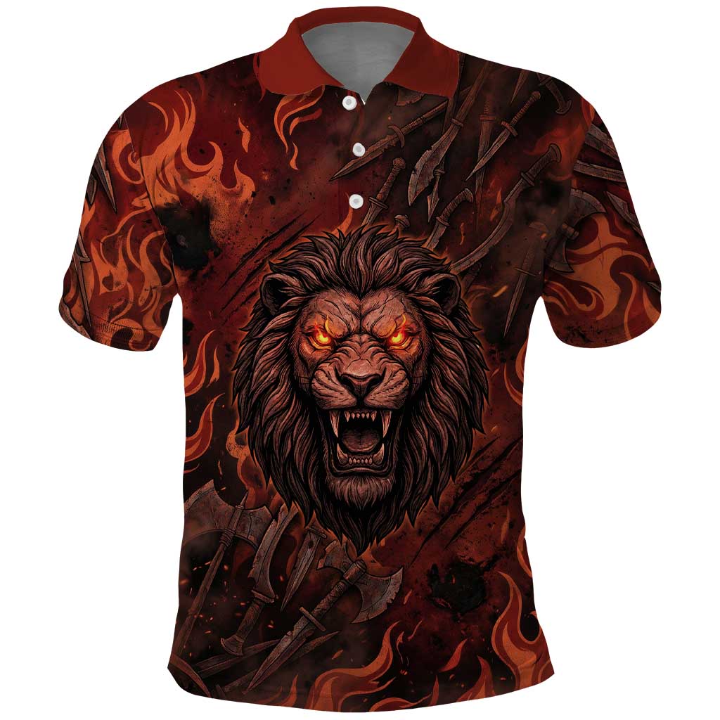 Maahes Polo Shirt Ancient Egyptian Fiery Red Flame - Roaring Lion Head - African Pride
