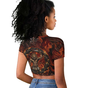 Maahes Raglan Cropped T shirt Ancient Egyptian Fiery Red Flame - Roaring Lion Head - African Pride