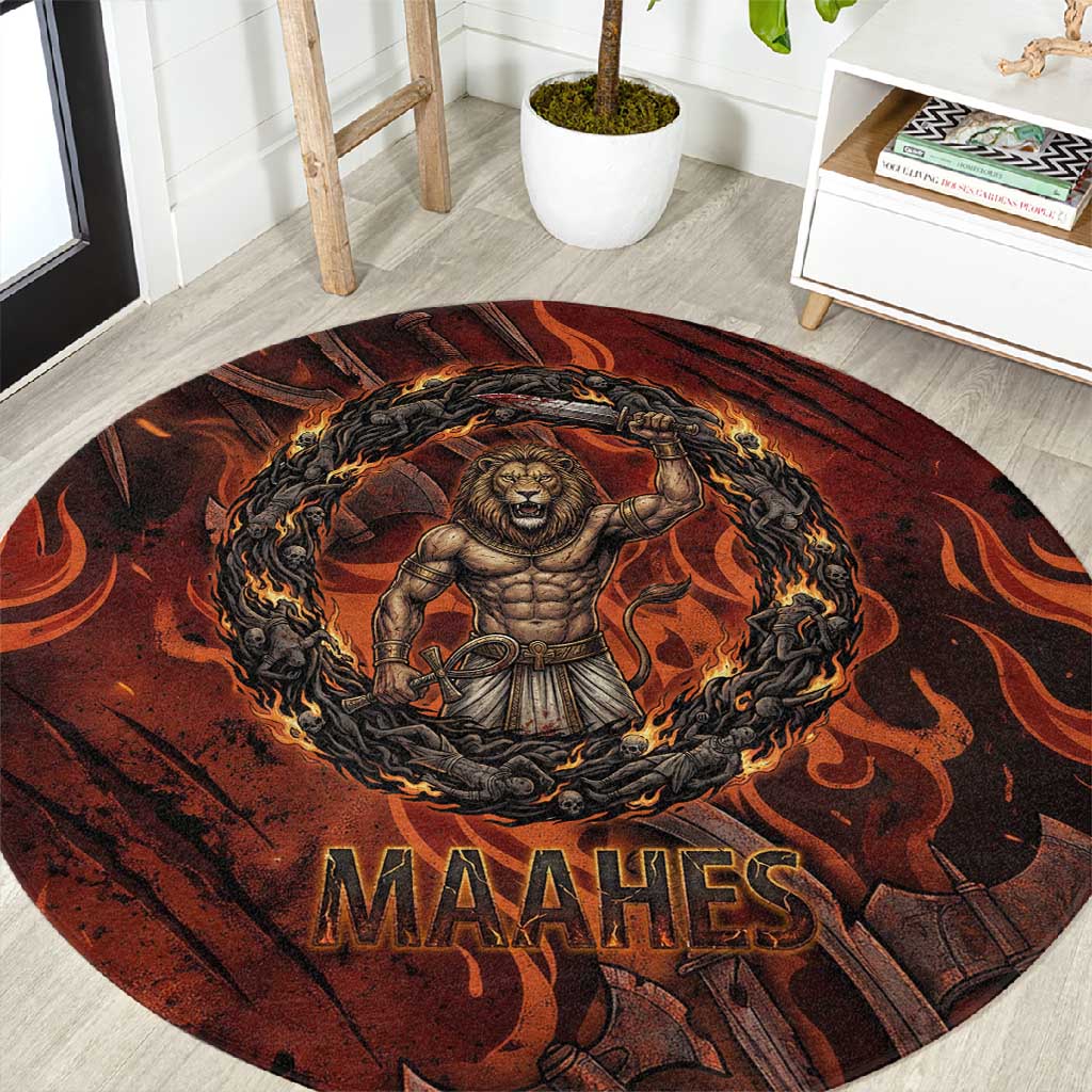 Maahes Round Carpet Ancient Egyptian Fiery Red Flame - Roaring Lion Head - African Pride