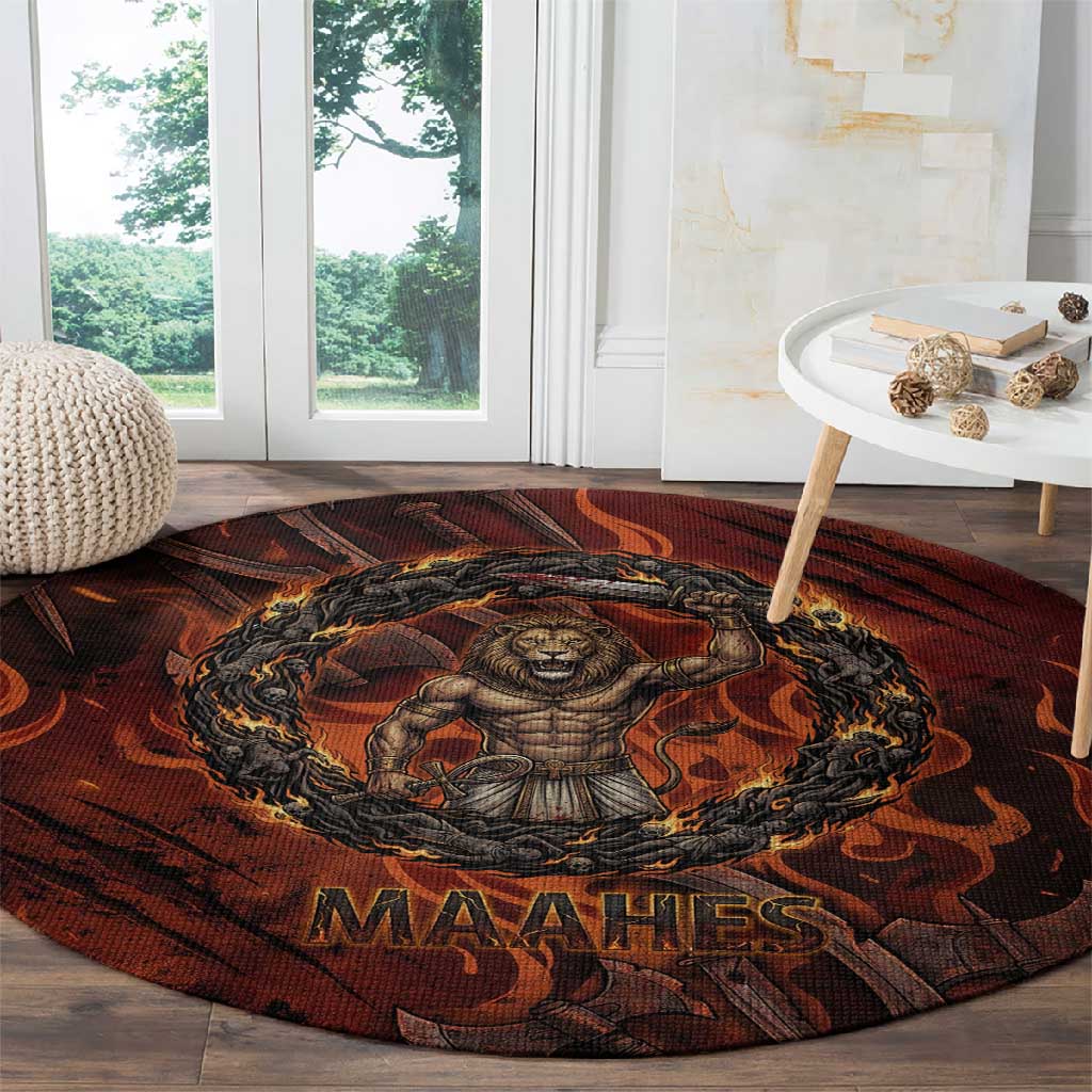 Maahes Round Carpet Ancient Egyptian Fiery Red Flame - Roaring Lion Head - African Pride
