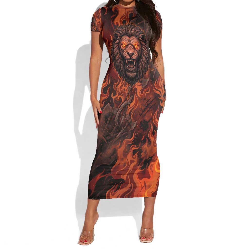 Maahes Short Sleeve Bodycon Dress Ancient Egyptian Fiery Red Flame - Roaring Lion Head - African Pride