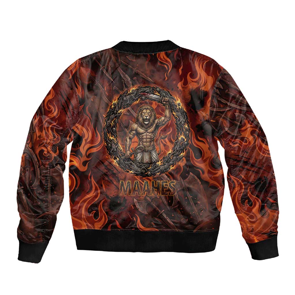 Maahes Sleeve Zip Bomber Jacket Ancient Egyptian Fiery Red Flame - Roaring Lion Head - African Pride