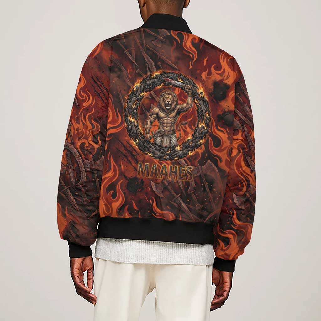 Maahes Sleeve Zip Bomber Jacket Ancient Egyptian Fiery Red Flame - Roaring Lion Head - African Pride