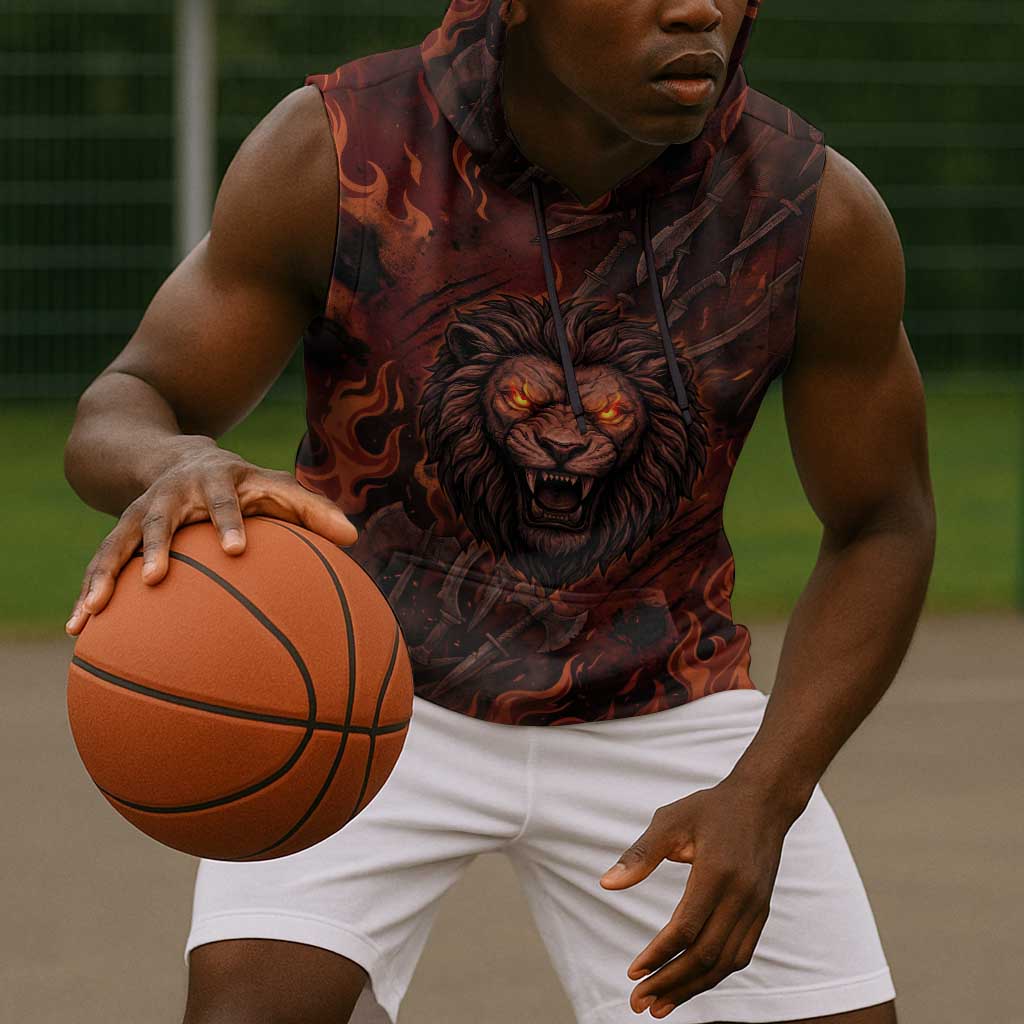 Maahes Sleeveless Hoodie Ancient Egyptian Fiery Red Flame - Roaring Lion Head - African Pride