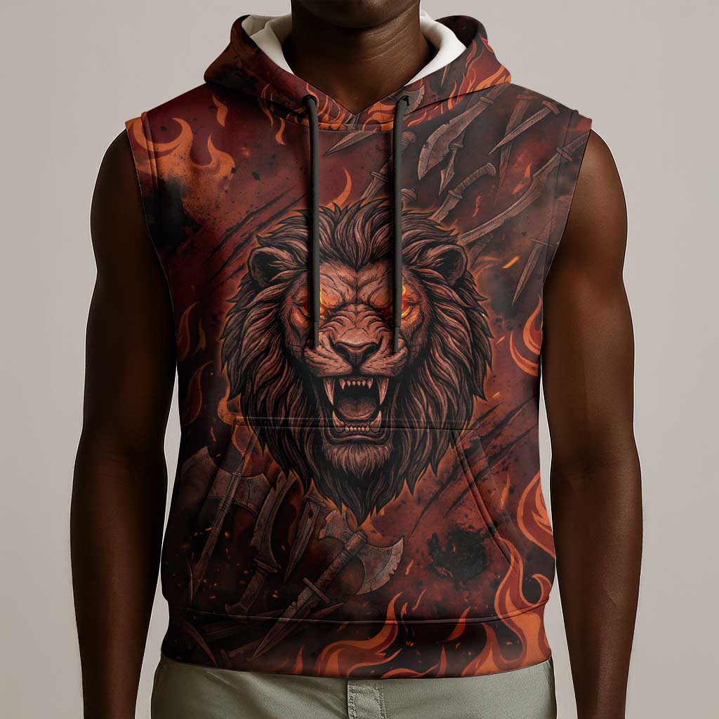 Maahes Sleeveless Hoodie Ancient Egyptian Fiery Red Flame - Roaring Lion Head - African Pride