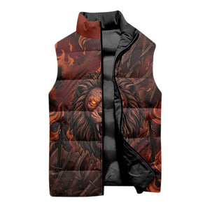 Maahes Sleeveless Puffer Jacket Ancient Egyptian Fiery Red Flame - Roaring Lion Head - African Pride