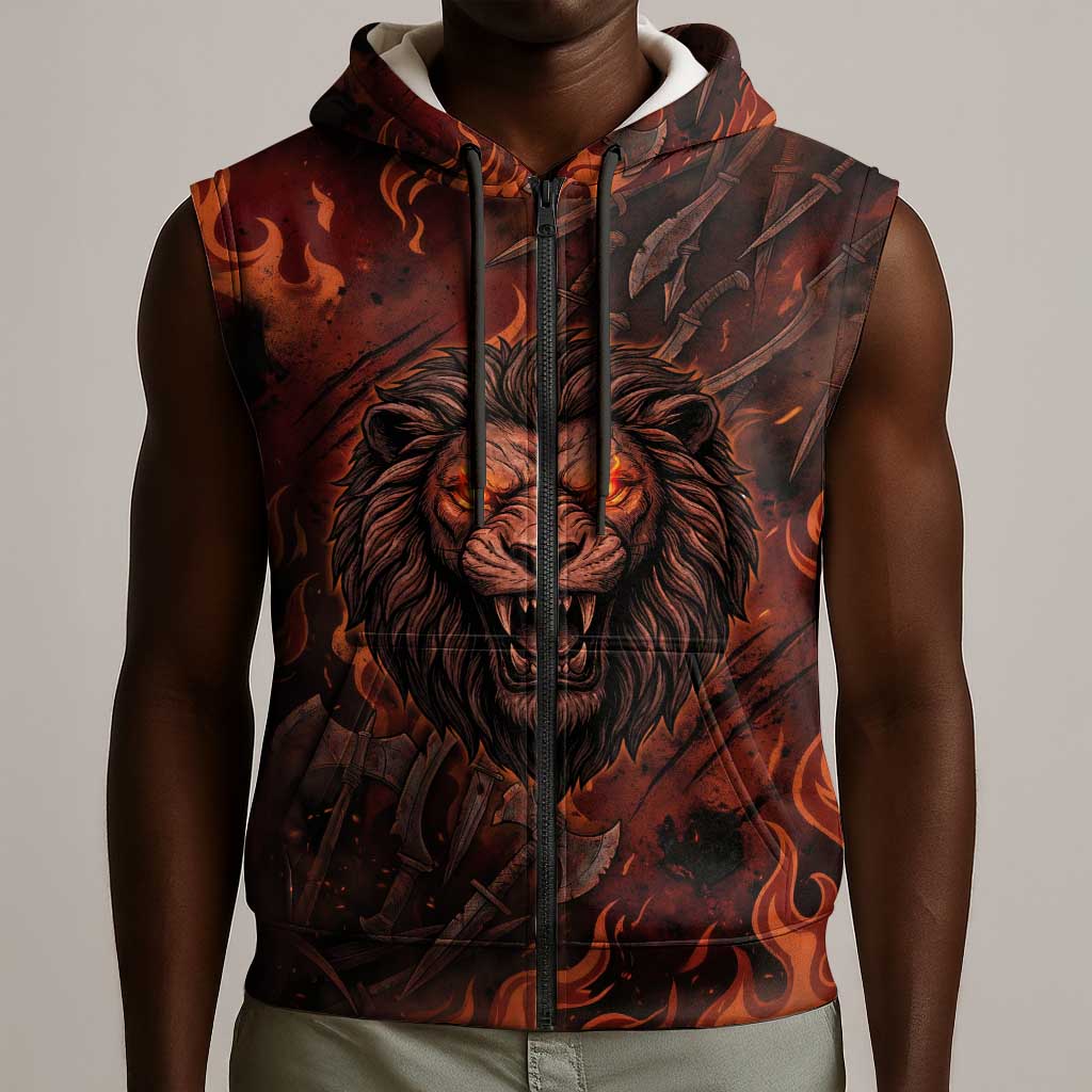 Maahes Sleeveless Zip Hoodie Ancient Egyptian Fiery Red Flame - Roaring Lion Head - African Pride