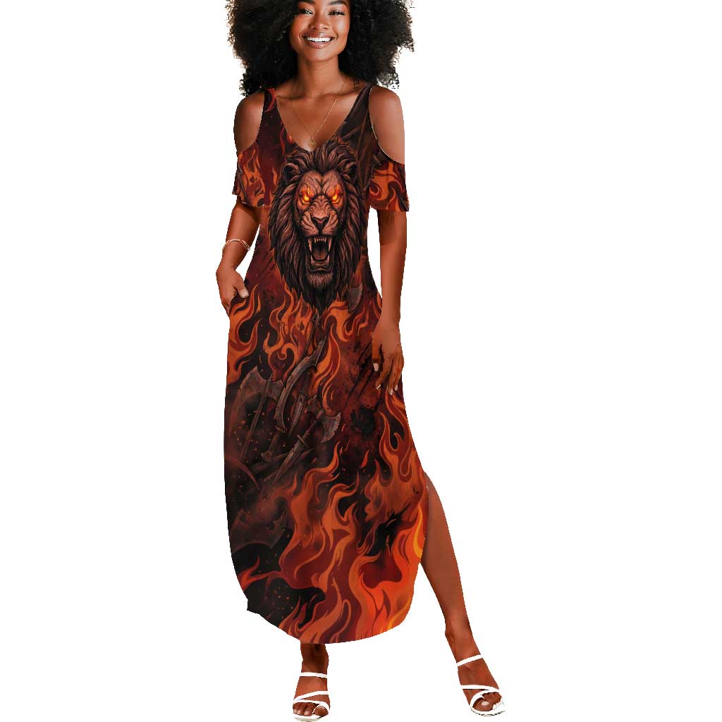 Maahes Summer Maxi Dress Ancient Egyptian Fiery Red Flame - Roaring Lion Head - African Pride