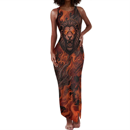 Maahes Tank Maxi Dress Ancient Egyptian Fiery Red Flame - Roaring Lion Head - African Pride