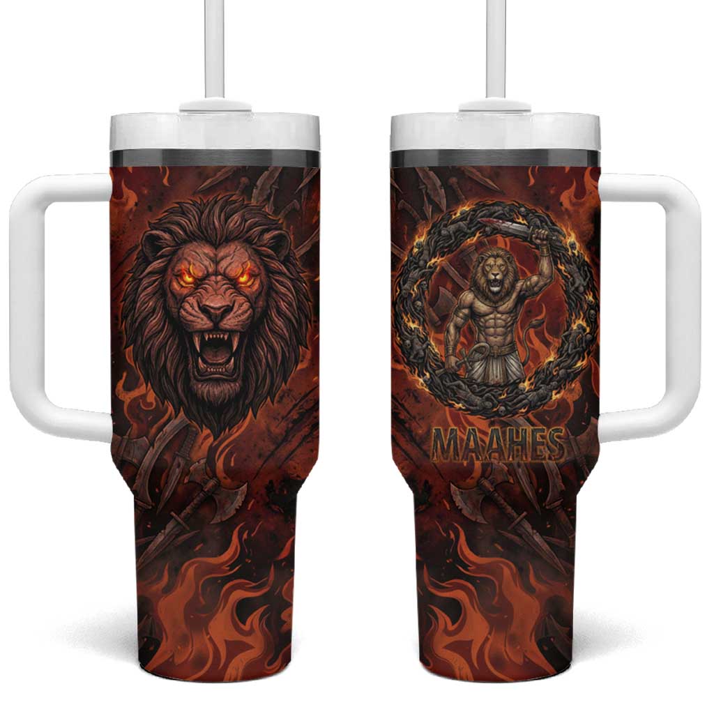 Maahes Tumbler With Handle Ancient Egyptian Fiery Red Flame - Roaring Lion Head - African Pride