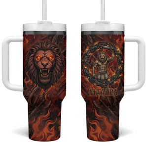Maahes Tumbler With Handle Ancient Egyptian Fiery Red Flame - Roaring Lion Head - African Pride