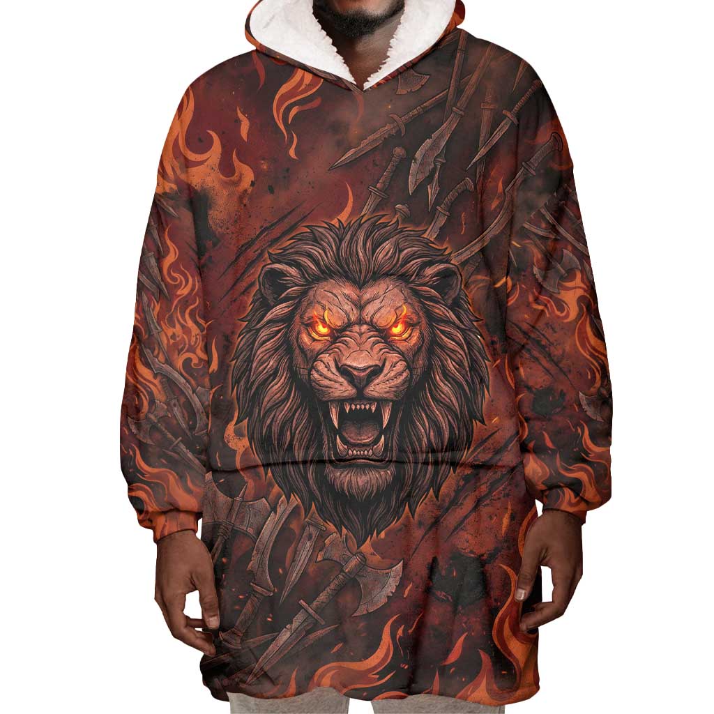 Maahes Wearable Blanket Hoodie Ancient Egyptian Fiery Red Flame - Roaring Lion Head - African Pride
