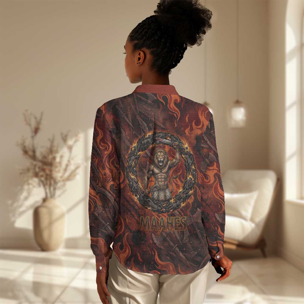 Maahes Women Casual Shirt Ancient Egyptian Fiery Red Flame - Roaring Lion Head - African Pride
