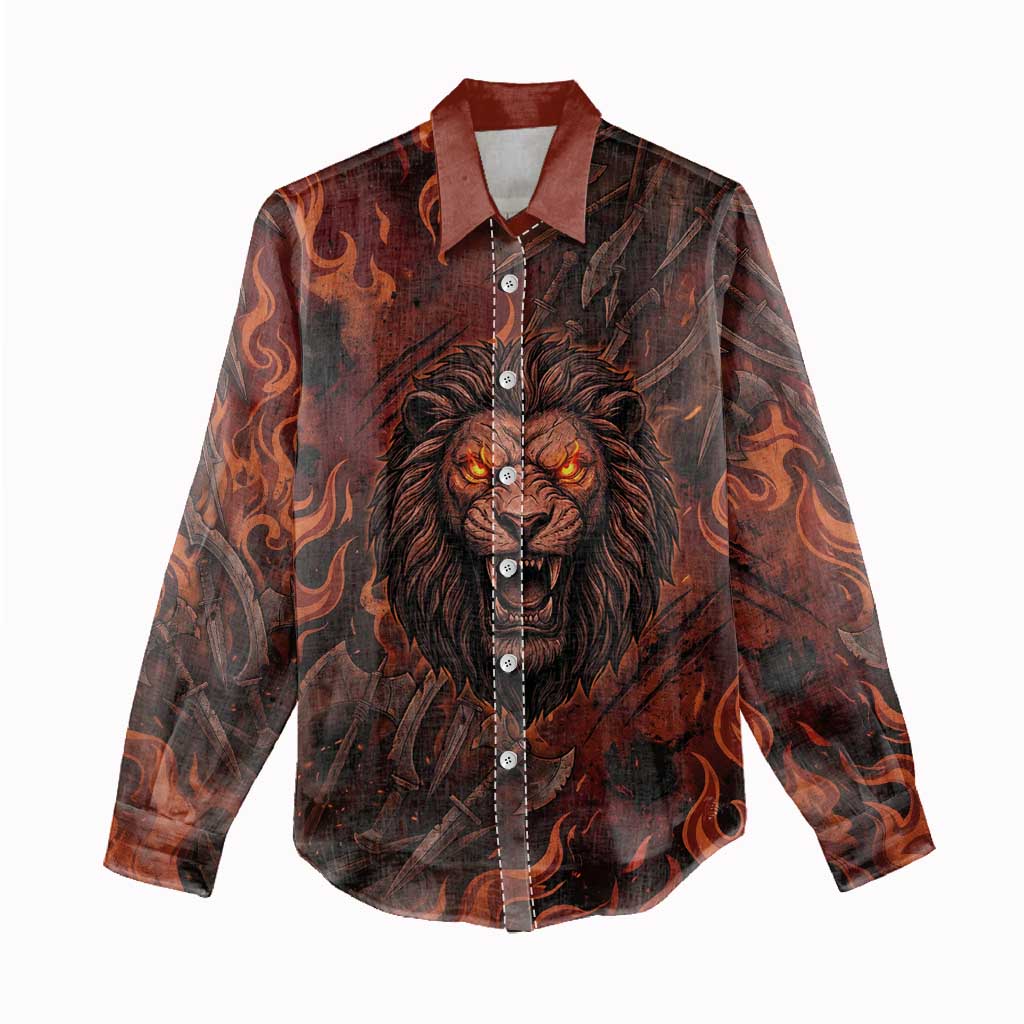 Maahes Women Casual Shirt Ancient Egyptian Fiery Red Flame - Roaring Lion Head - African Pride