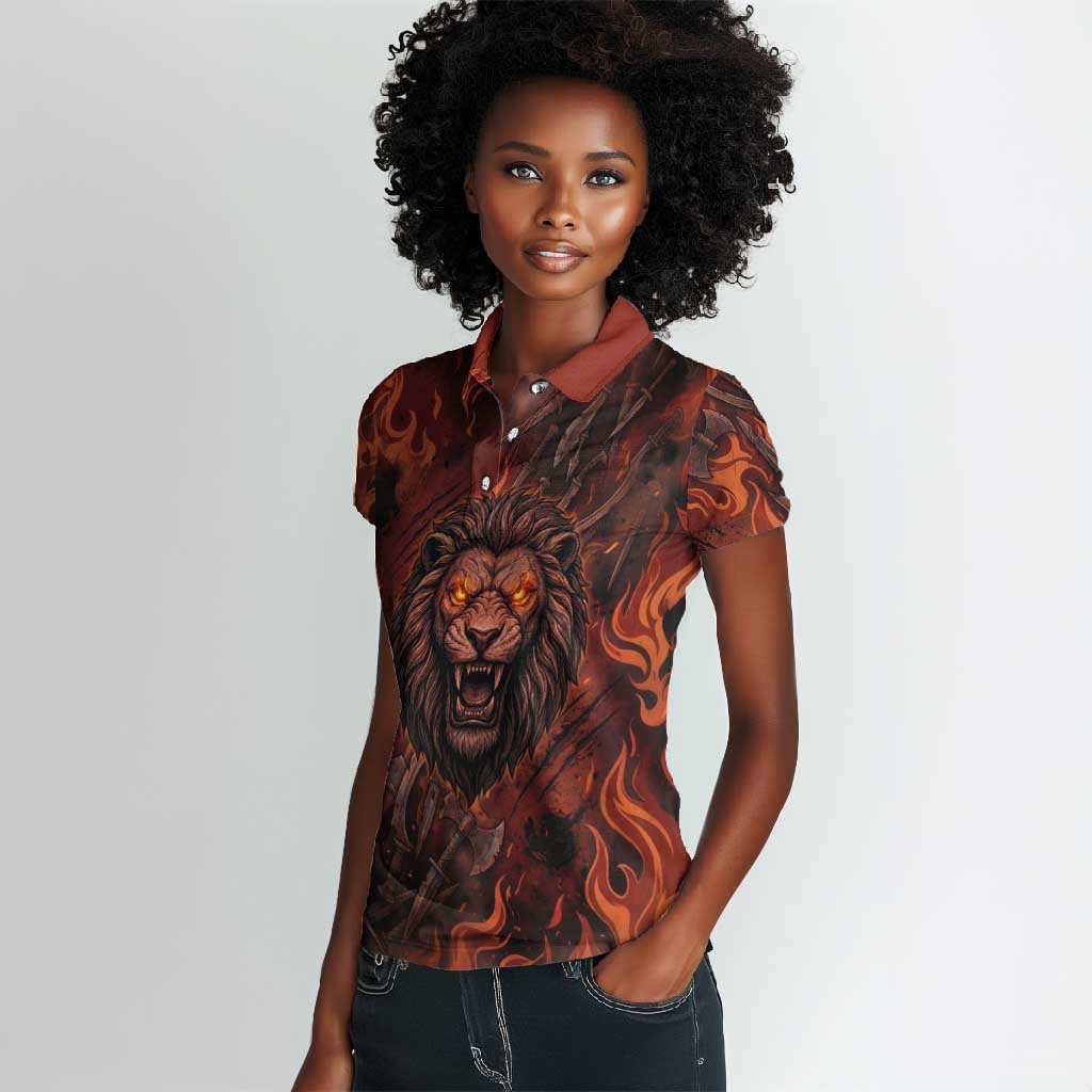Maahes Women Polo Shirt Ancient Egyptian Fiery Red Flame - Roaring Lion Head - African Pride