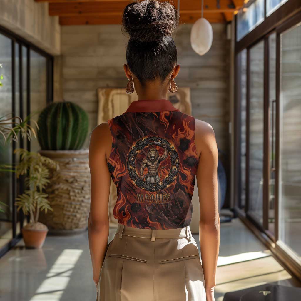 Maahes Women Sleeveless Polo Shirt Ancient Egyptian Fiery Red Flame - Roaring Lion Head - African Pride