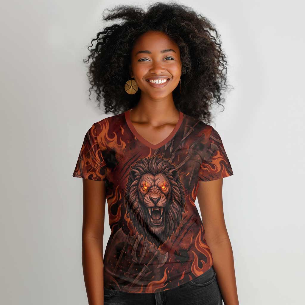 Maahes Women V-Neck T-Shirt Ancient Egyptian Fiery Red Flame - Roaring Lion Head - African Pride