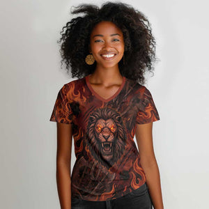 Maahes Women V-Neck T-Shirt Ancient Egyptian Fiery Red Flame - Roaring Lion Head - African Pride