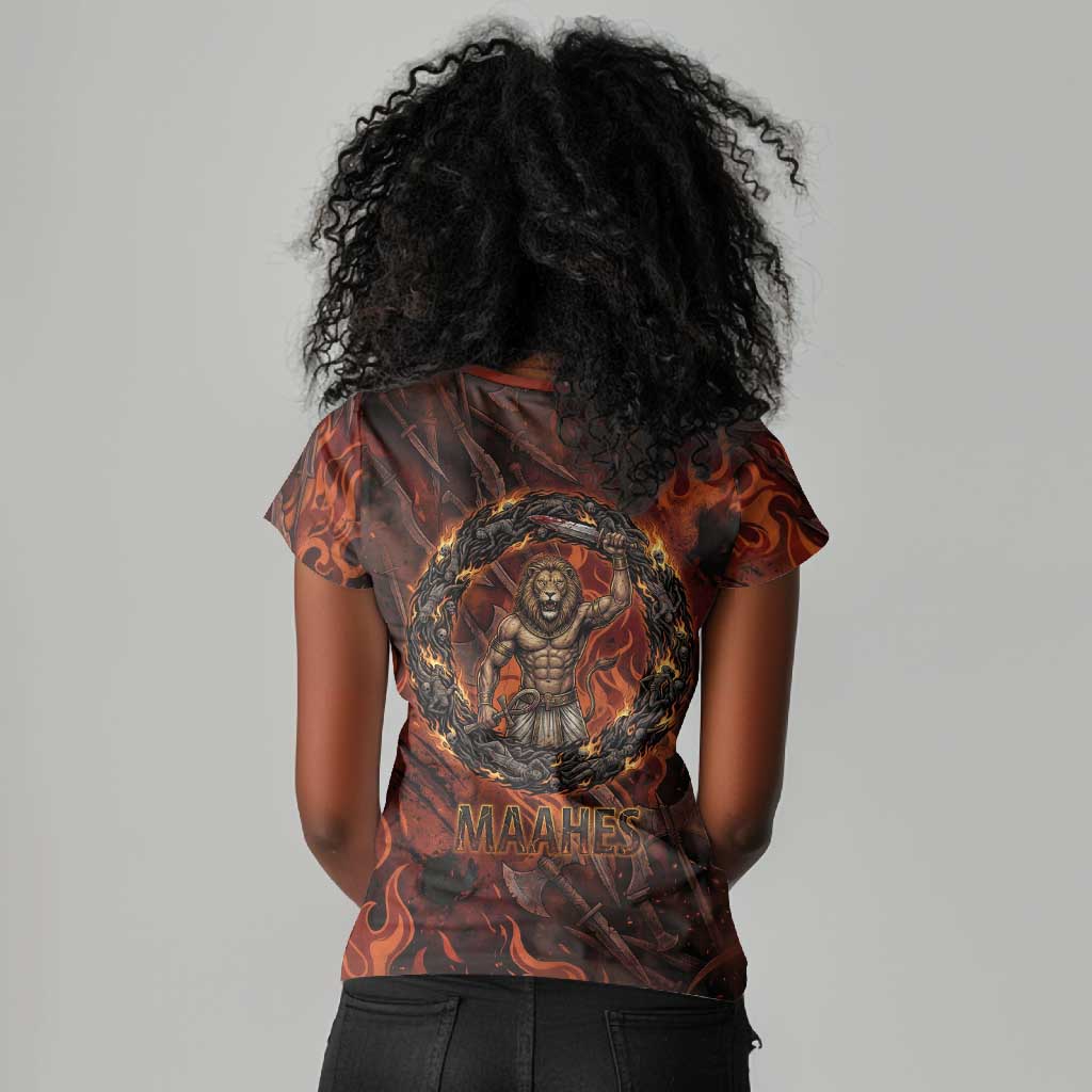 Maahes Women V-Neck T-Shirt Ancient Egyptian Fiery Red Flame - Roaring Lion Head - African Pride