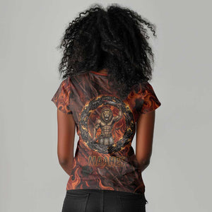Maahes Women V-Neck T-Shirt Ancient Egyptian Fiery Red Flame - Roaring Lion Head - African Pride