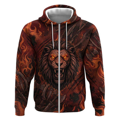 Maahes Zip Hoodie Ancient Egyptian Fiery Red Flame - Roaring Lion Head - African Pride