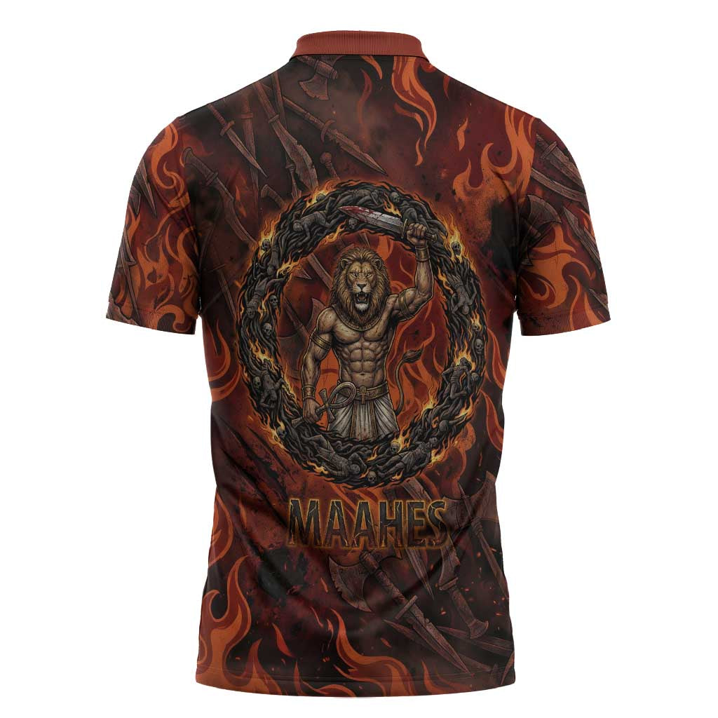 Maahes Zipper Polo Shirt Ancient Egyptian Fiery Red Flame - Roaring Lion Head - African Pride
