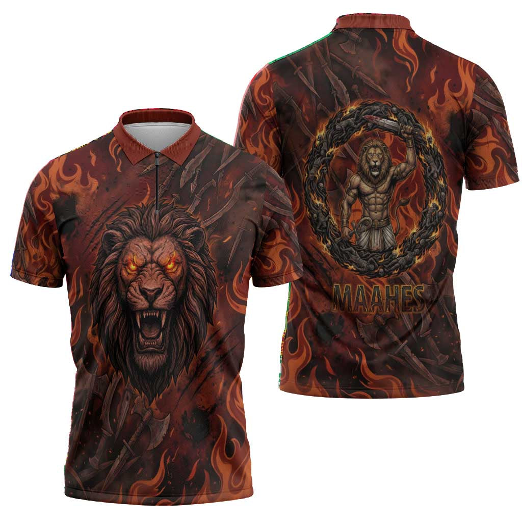 Maahes Zipper Polo Shirt Ancient Egyptian Fiery Red Flame - Roaring Lion Head - African Pride