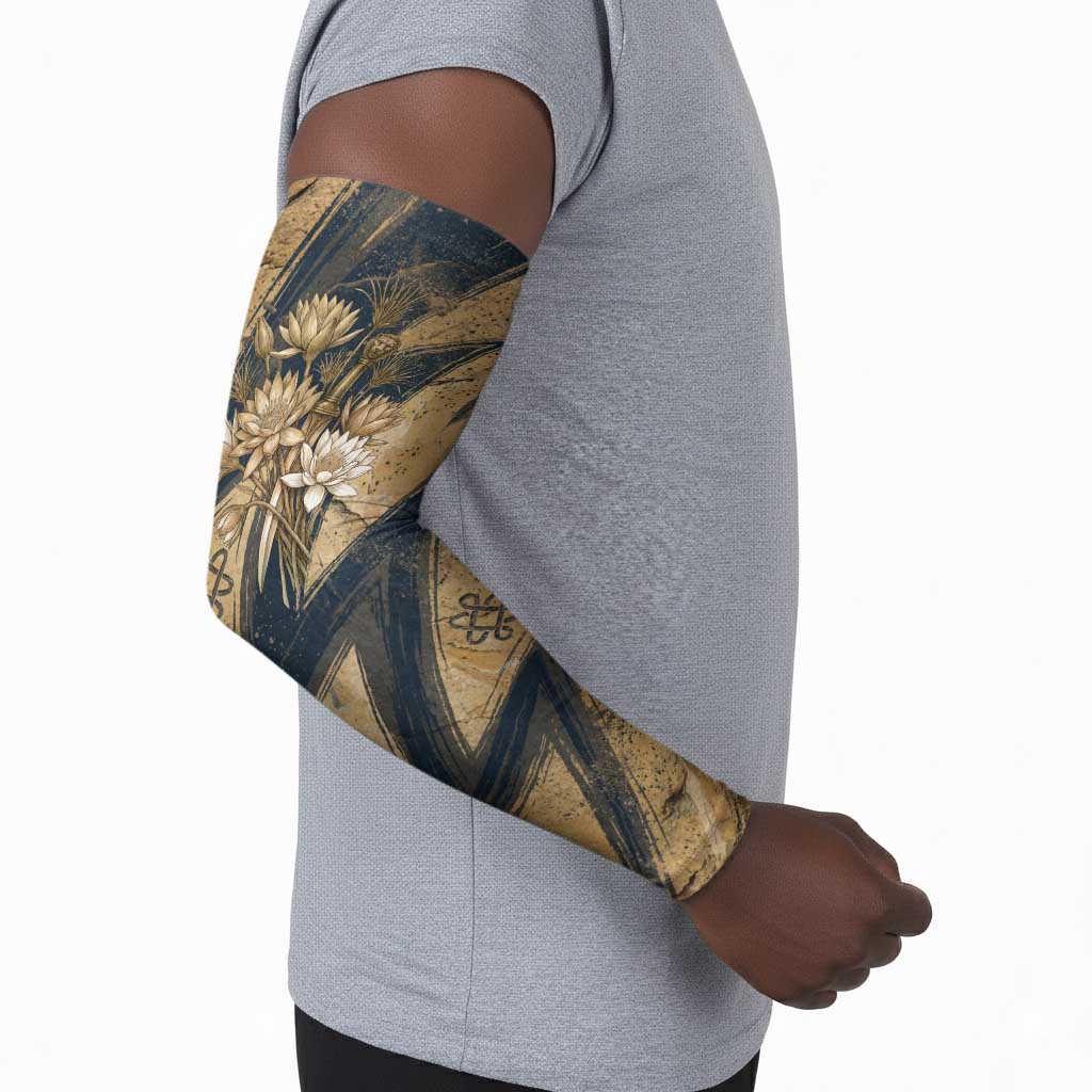 Maahes Ancient Egyptian Arm Sleeves Geometric Pattern Winged Lion Deity, and Sacred Lotus Motif - African Pride